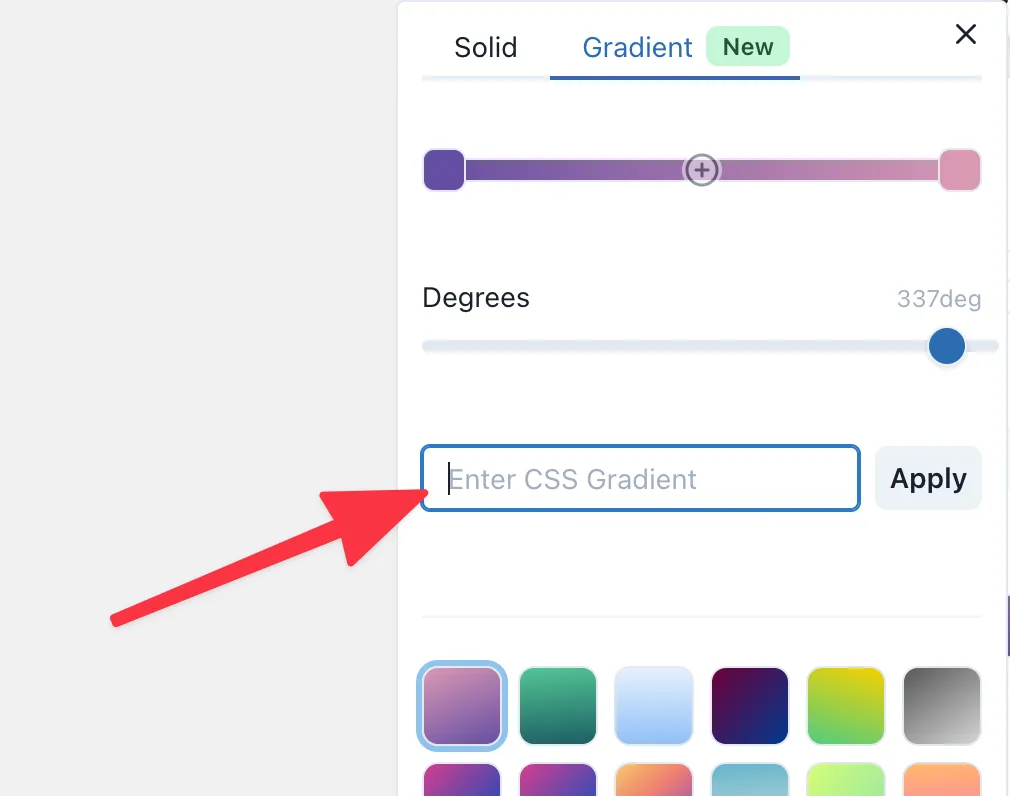 Screenshot showing how to paste CSS gradient values