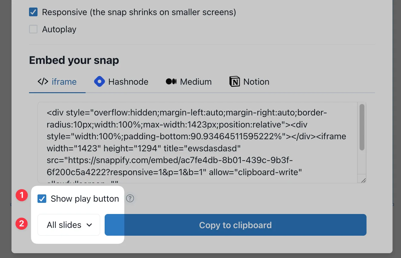 Screenshot of the embed modal for iframe