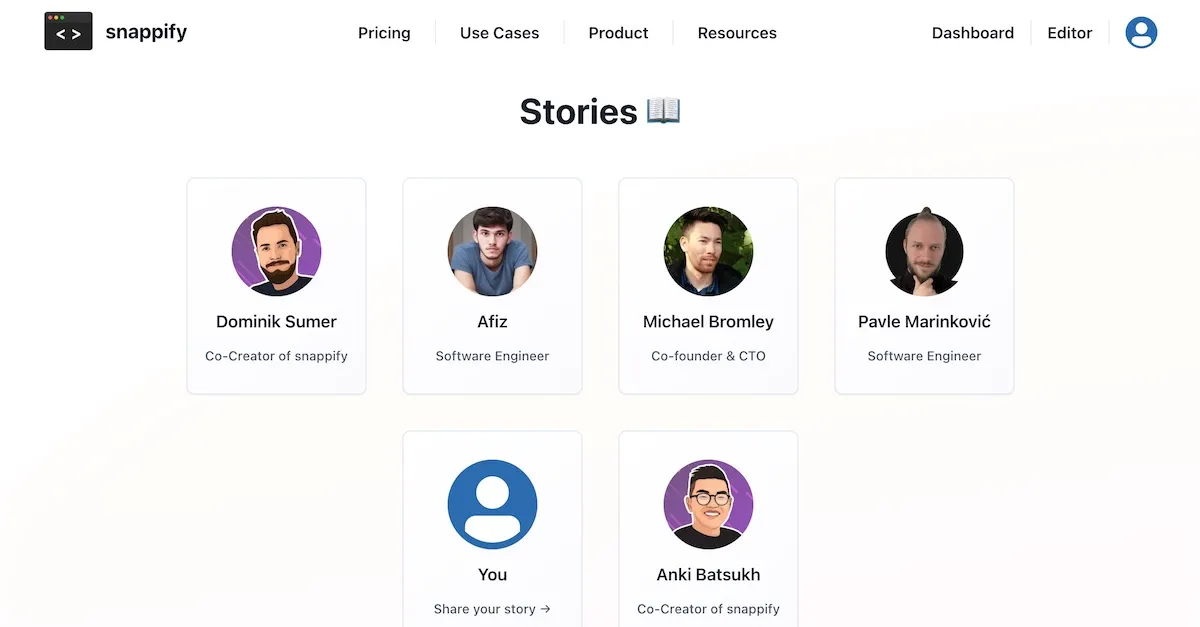 Screenshot of the user stories overview page