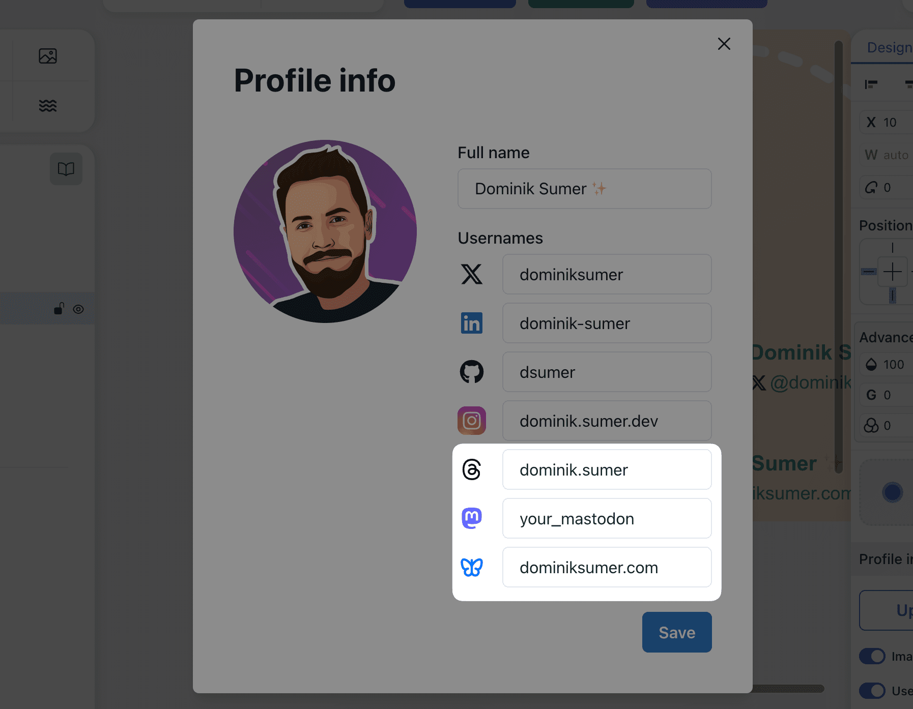 Showcase of the new socials in the profile info elements.