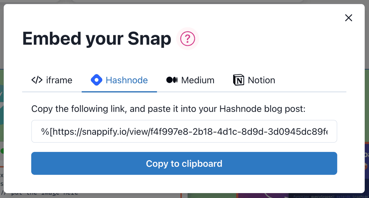 Screenshot of the embed modal for Hashnode