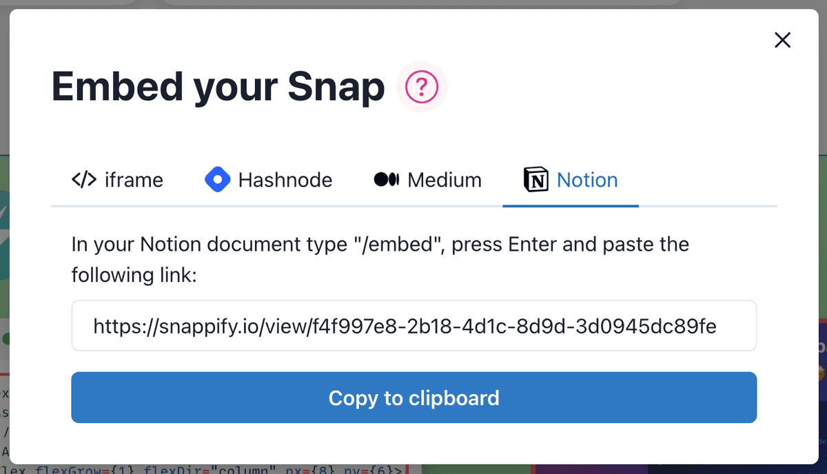 Screenshot of the embed modal for Notion