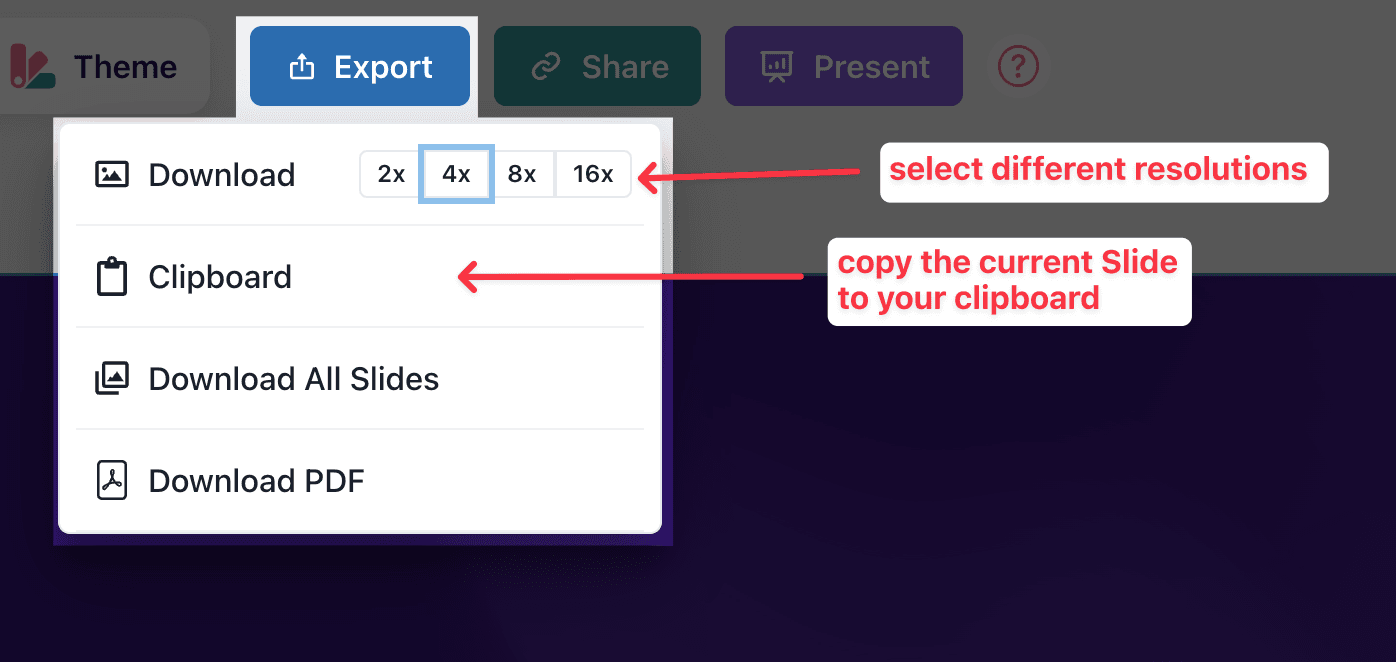 Screenshot of the single export options